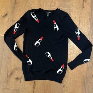 Aqua Black cashmere Sweater with Red & White Lipstick Motif